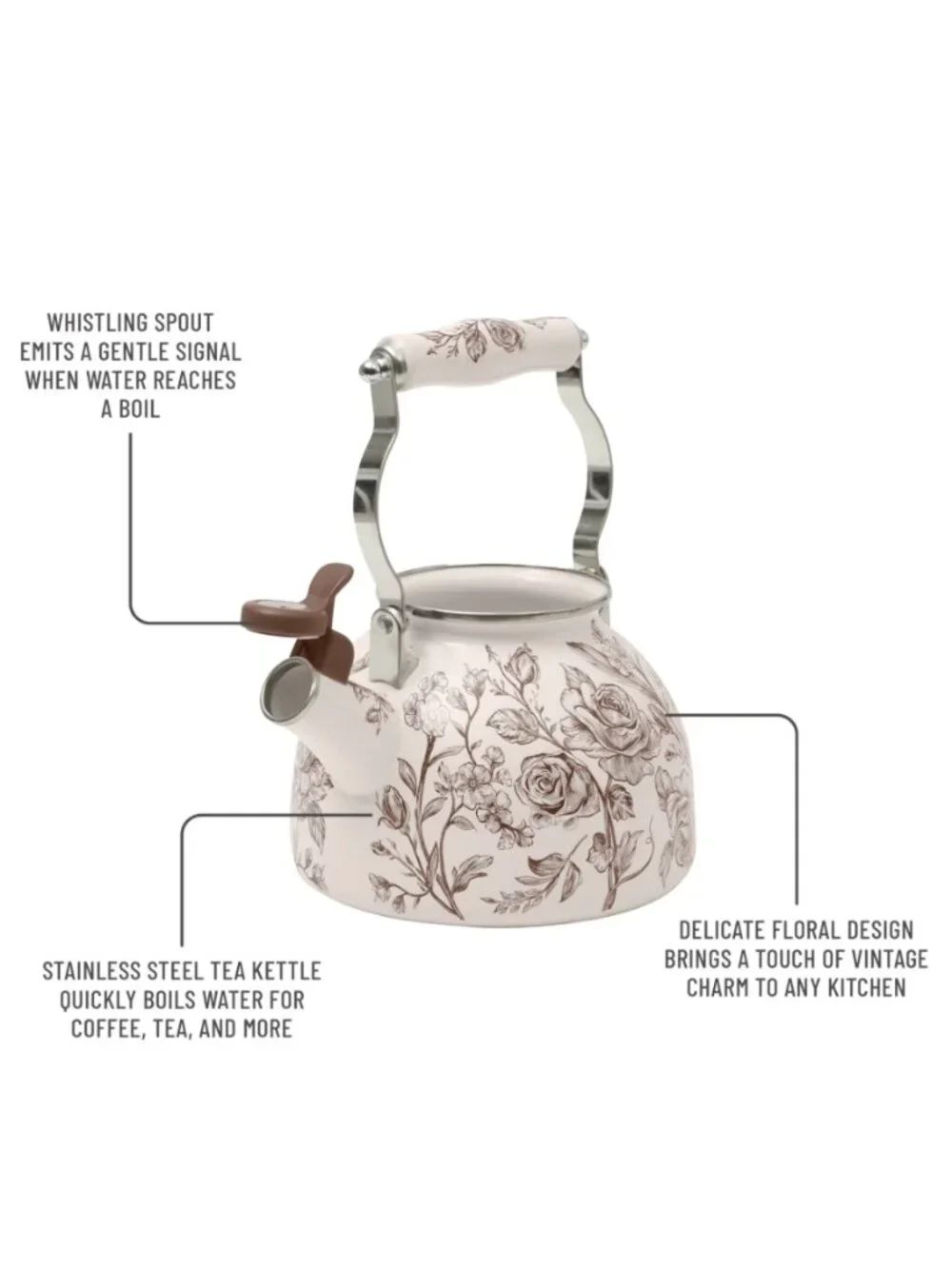 The Pioneer Woman Brown Enamel on Steel Agatha 2.0-Quart Whistling Tea Kettle